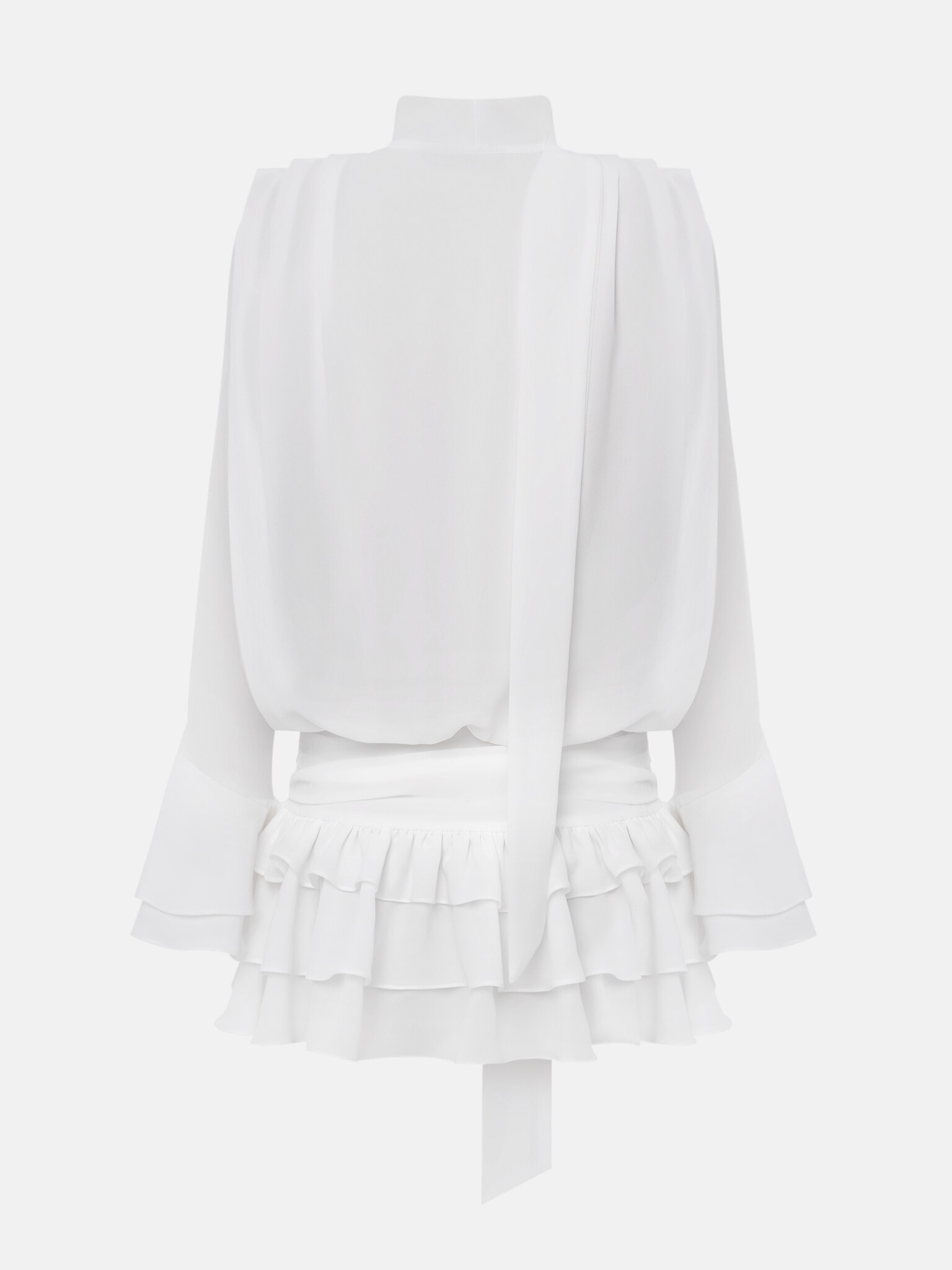 Voluminous mini dress with ruffles on the skirt and ribbon scarf