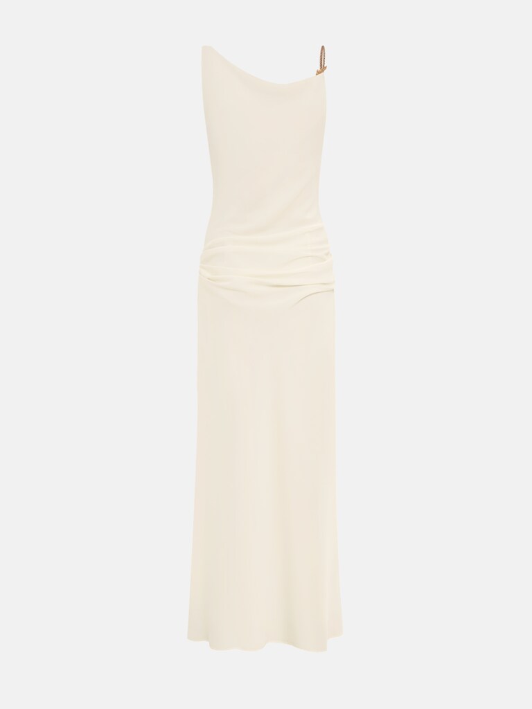 Light maxi dress with asymmetrical straps and golden decoration