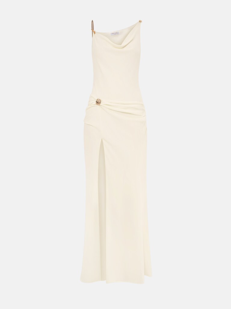 Light maxi dress with asymmetrical straps and golden decoration