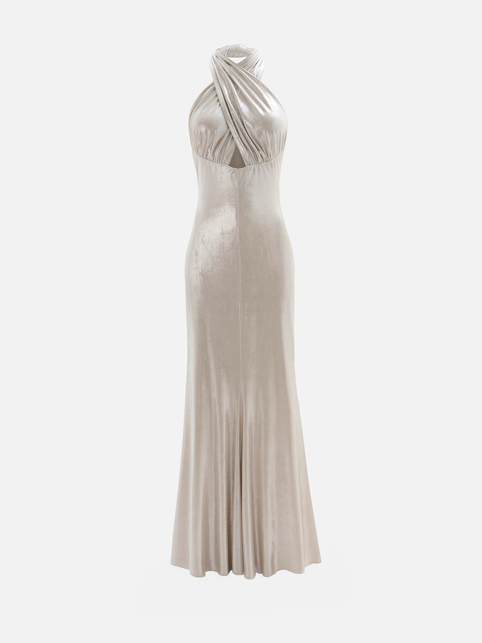 Metallic jersey maxi dress with ribbon straps