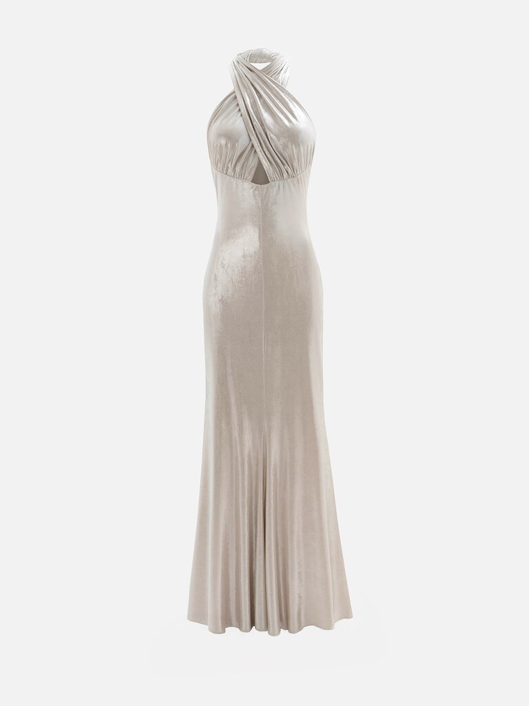 Metallic jersey maxi dress with ribbon straps