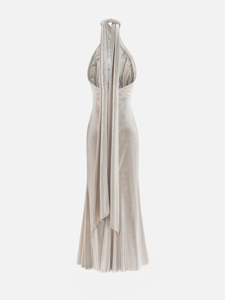 Metallic jersey maxi dress with ribbon straps