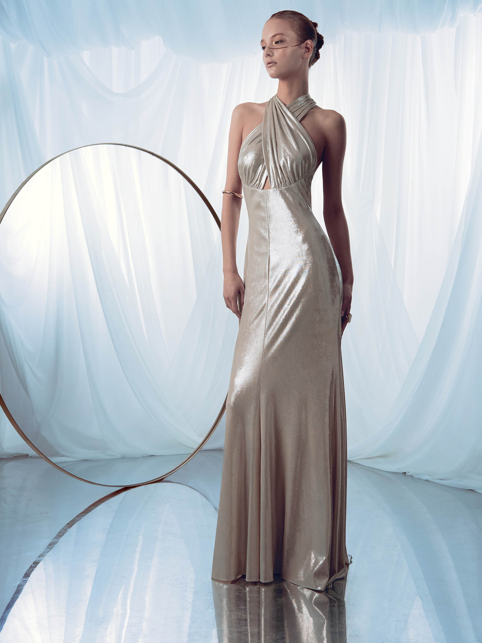Metallic jersey maxi dress with ribbon straps