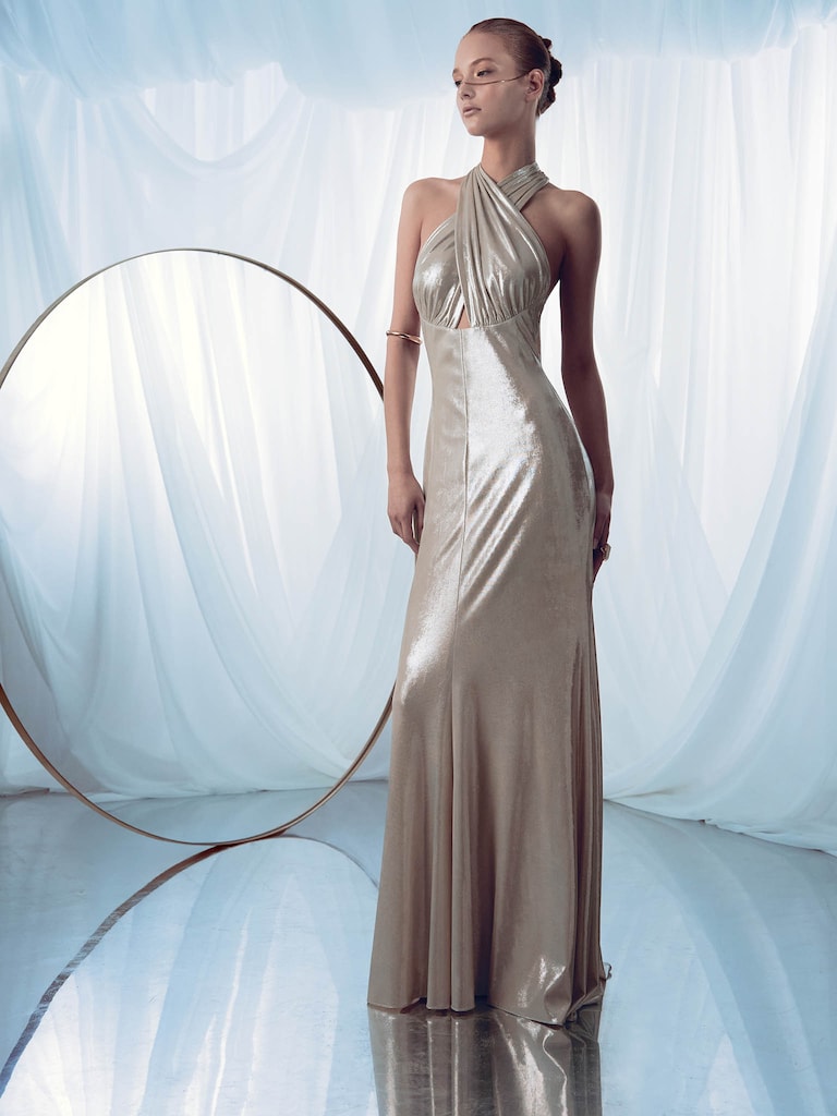 Metallic jersey maxi dress with ribbon straps