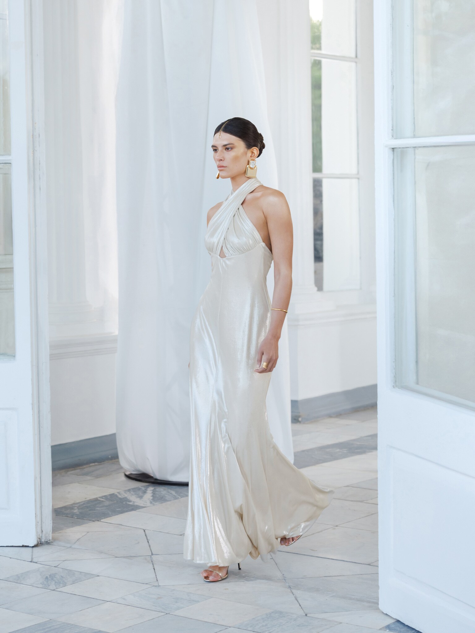 Metallic jersey maxi dress with ribbon straps