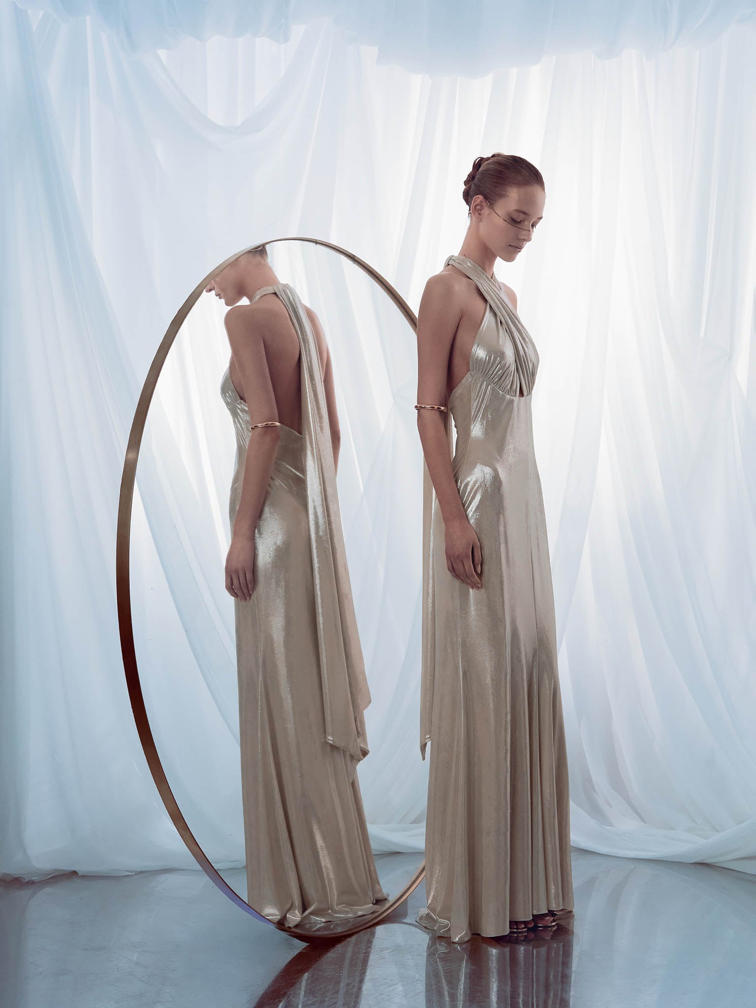 Metallic jersey maxi dress with ribbon straps