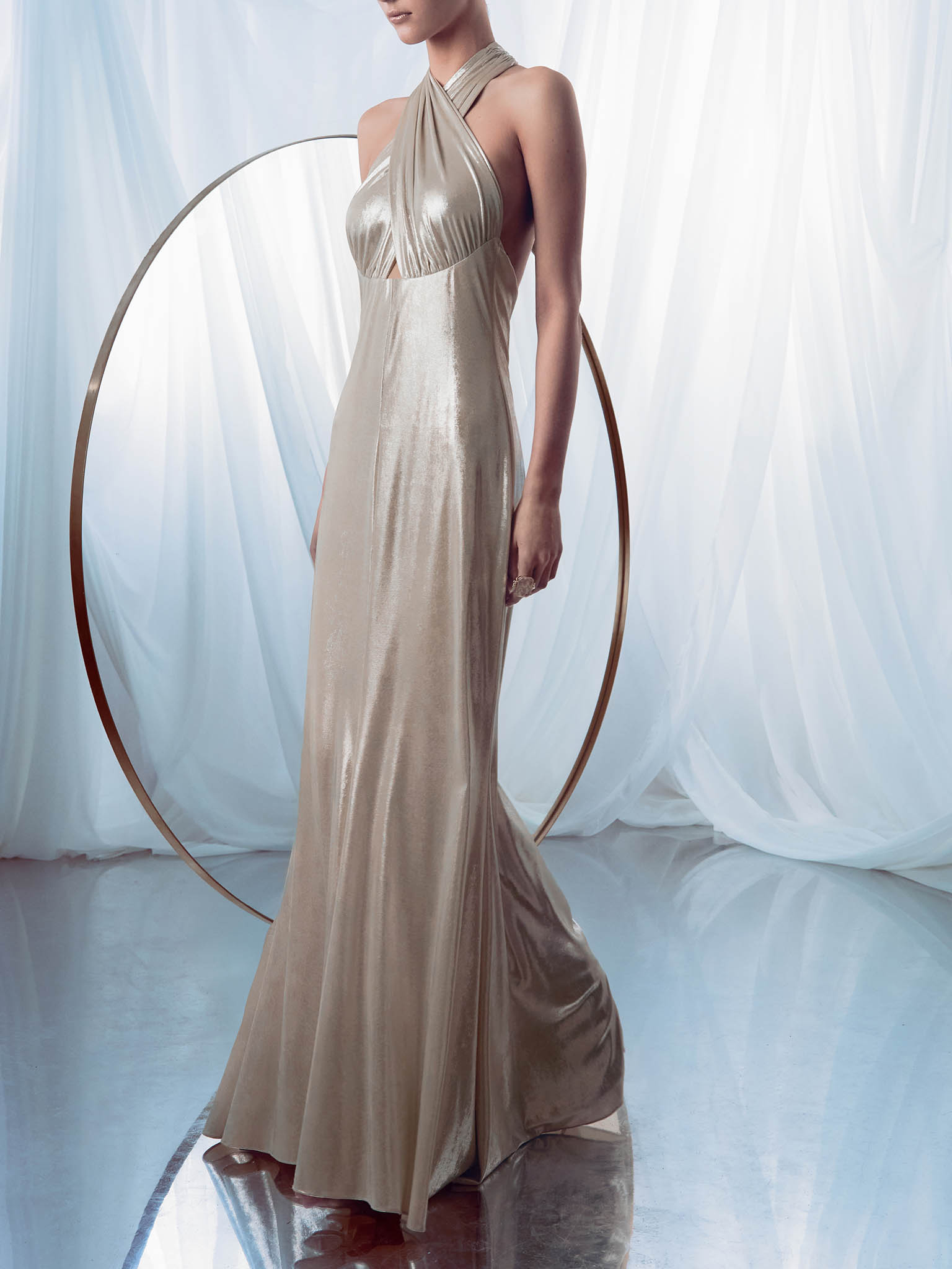 Metallic jersey maxi dress with ribbon straps