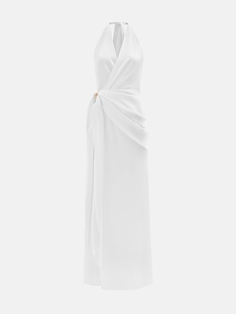 Satin maxi dress with collar ribbons and drapery