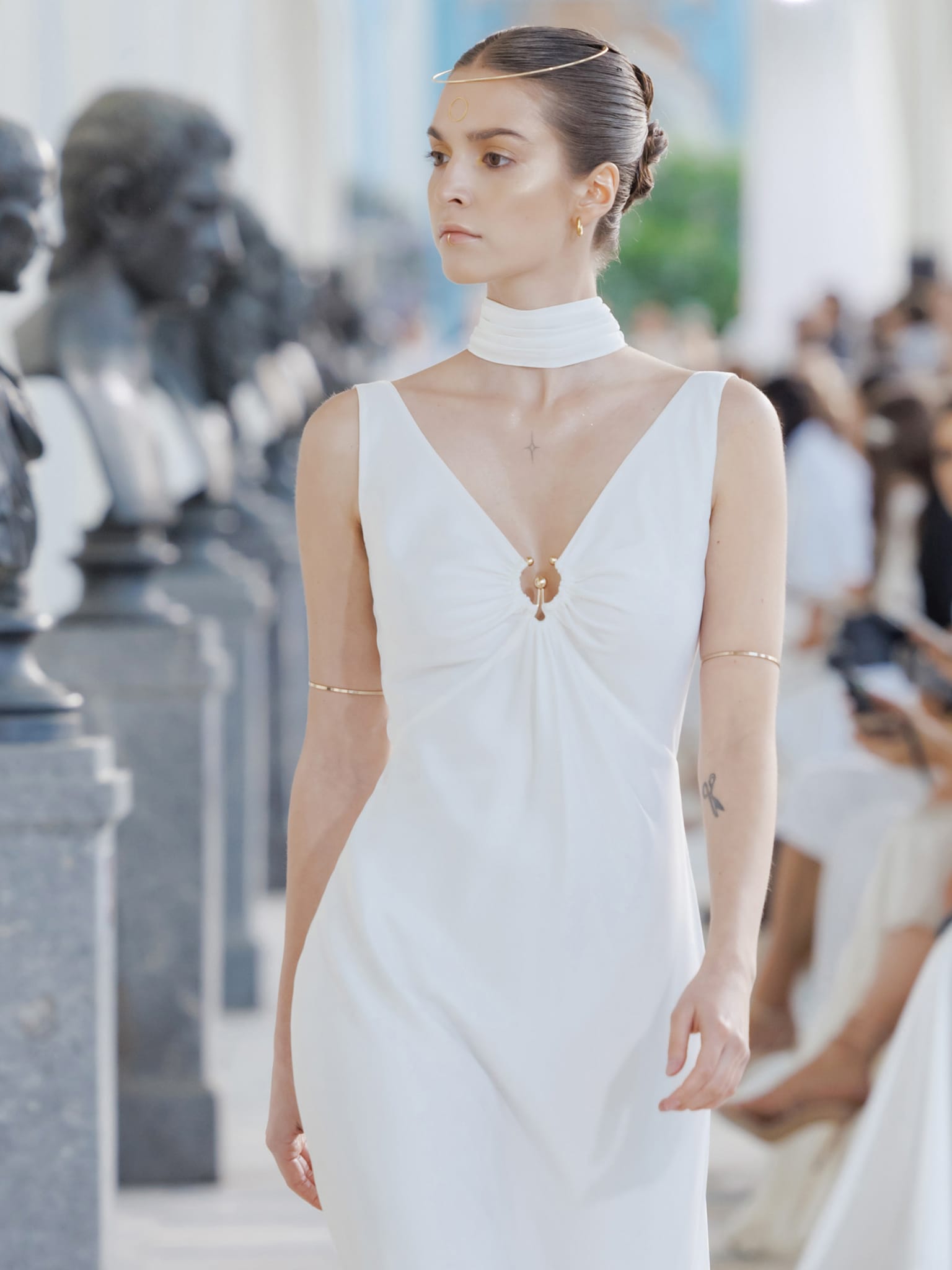 Fitted maxi dress with decorative scarf