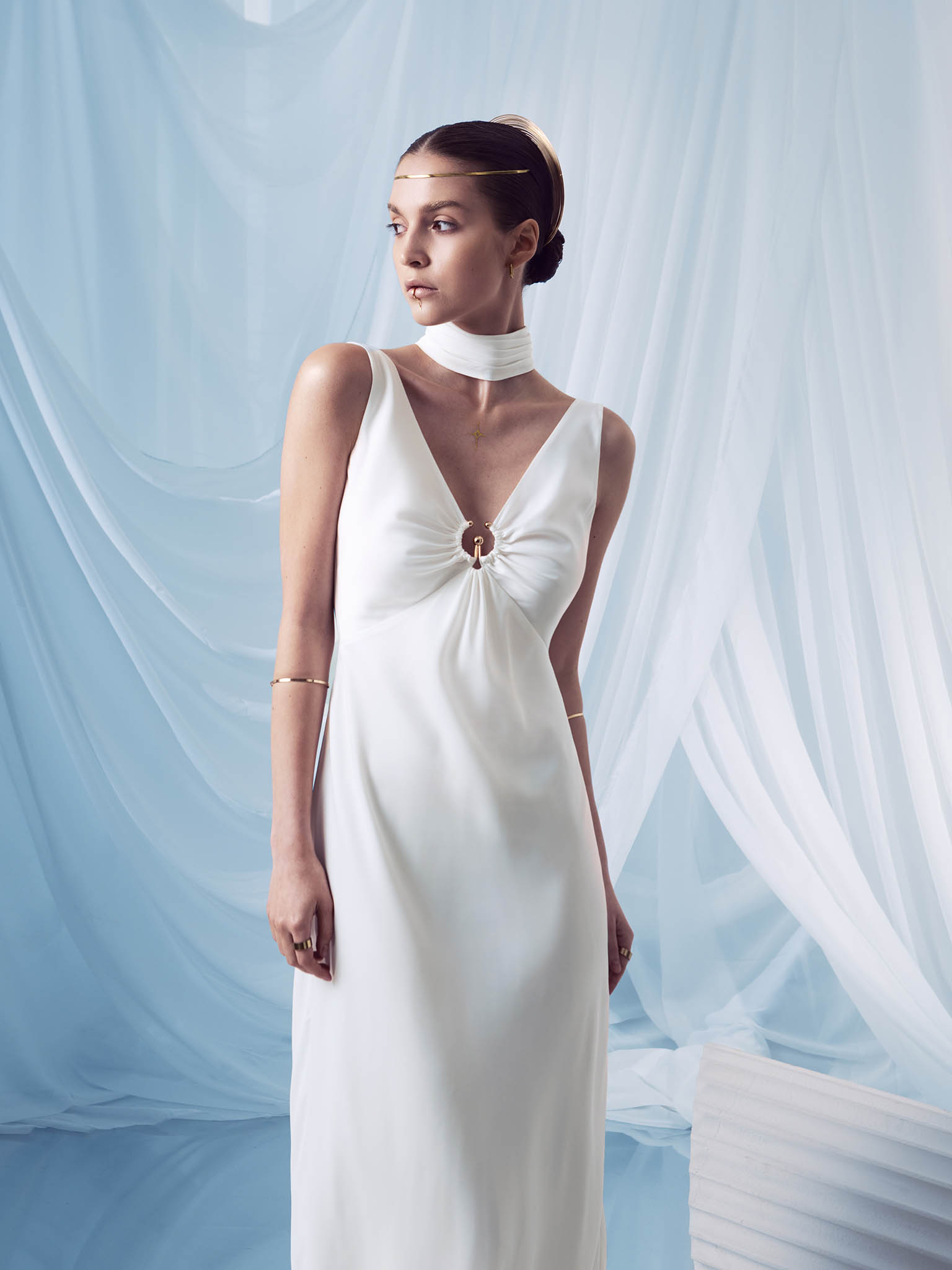 Fitted maxi dress with decorative scarf