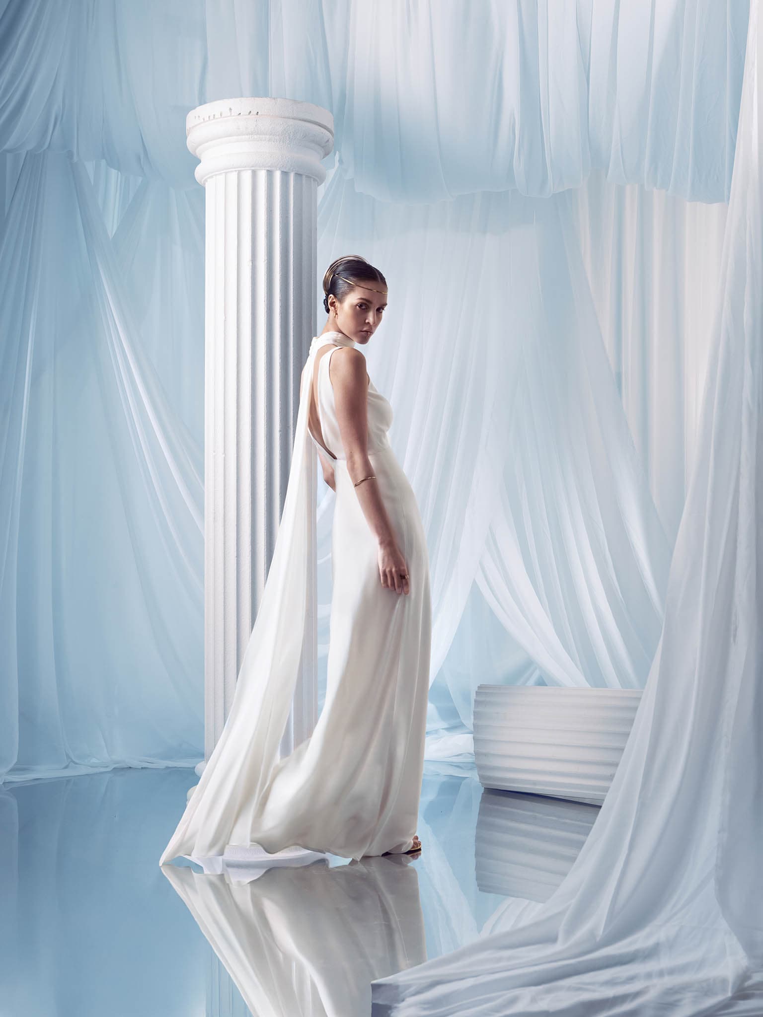 Fitted maxi dress with decorative scarf