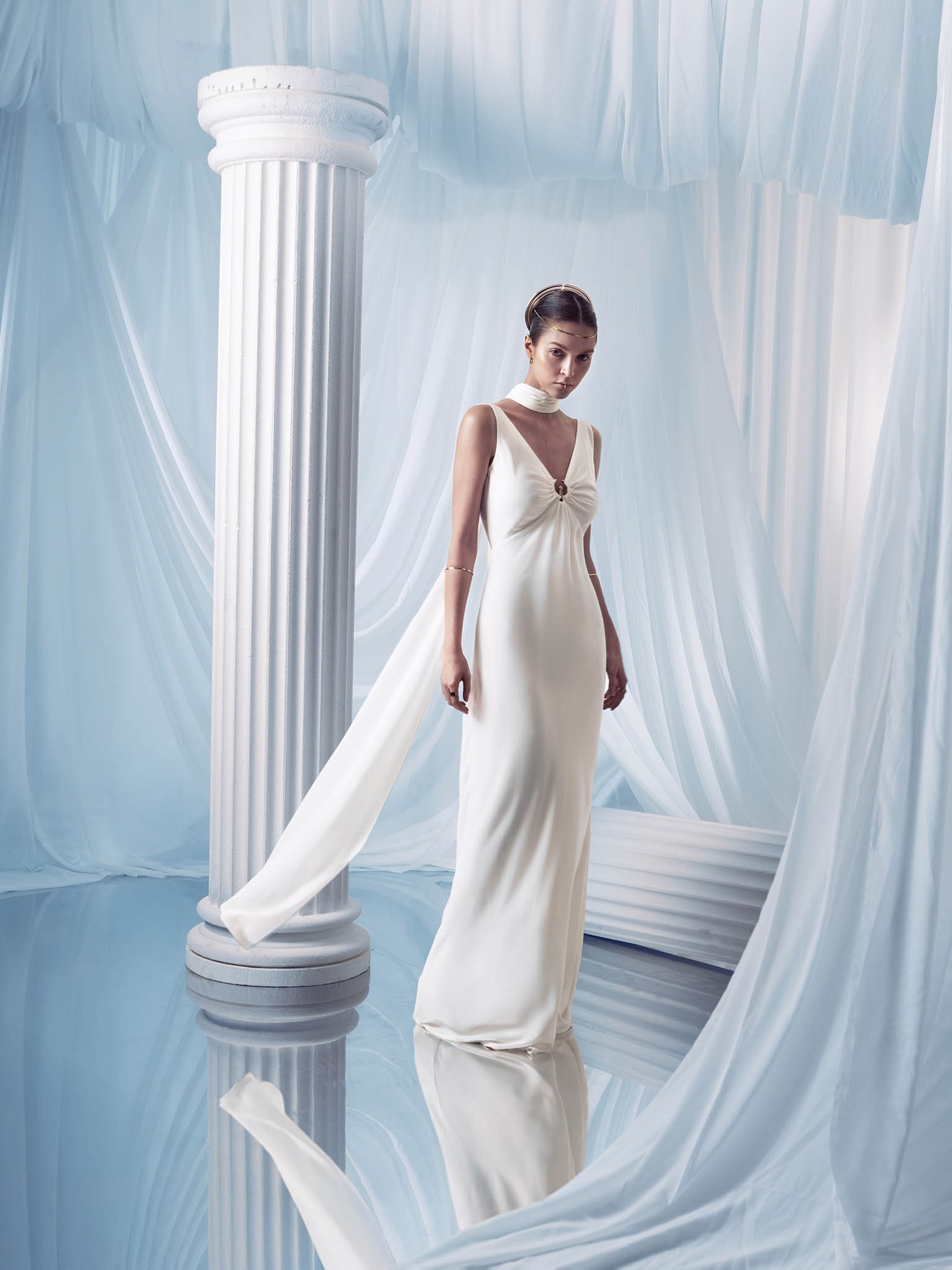 Fitted maxi dress with decorative scarf