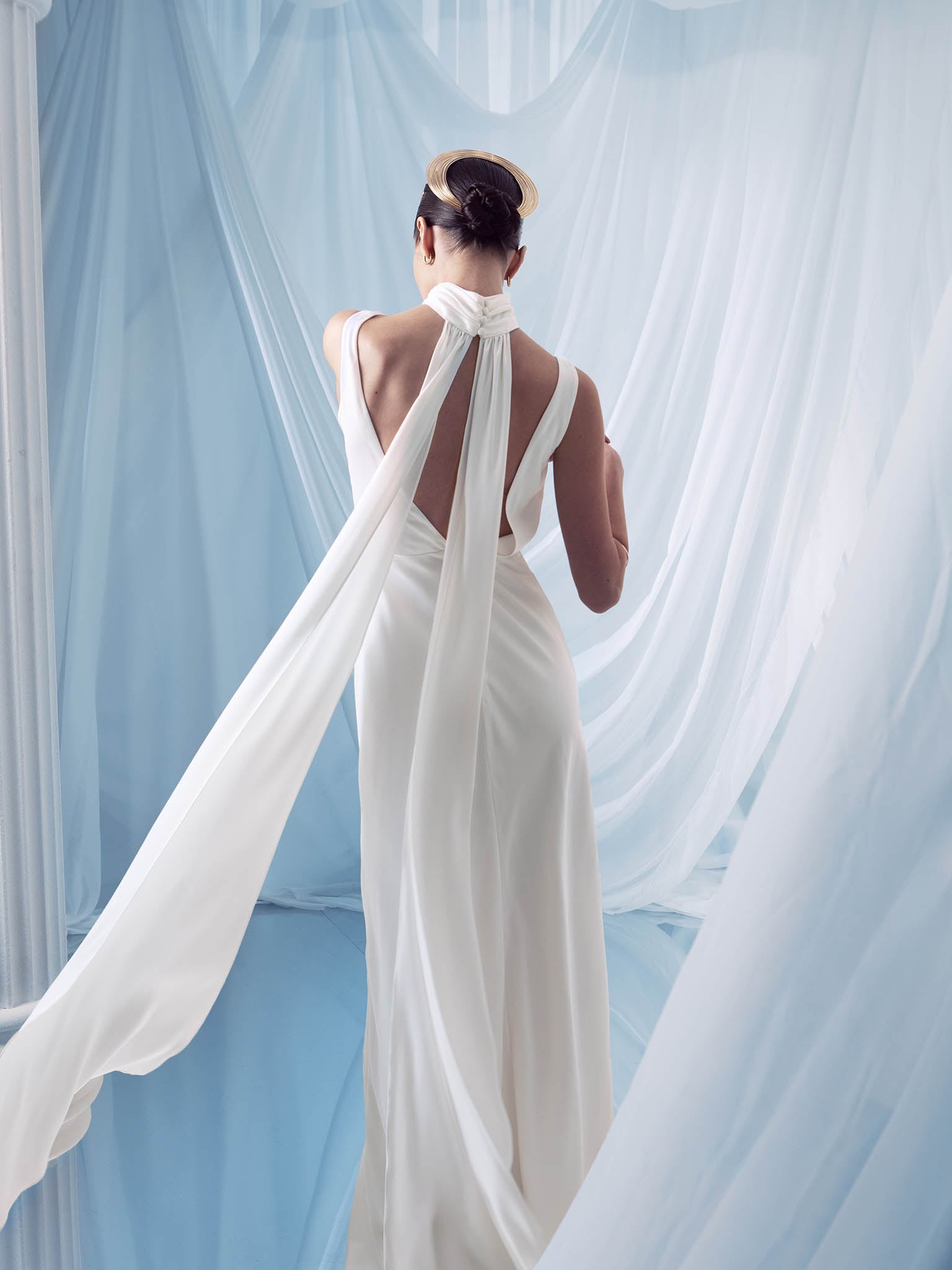 Fitted maxi dress with decorative scarf