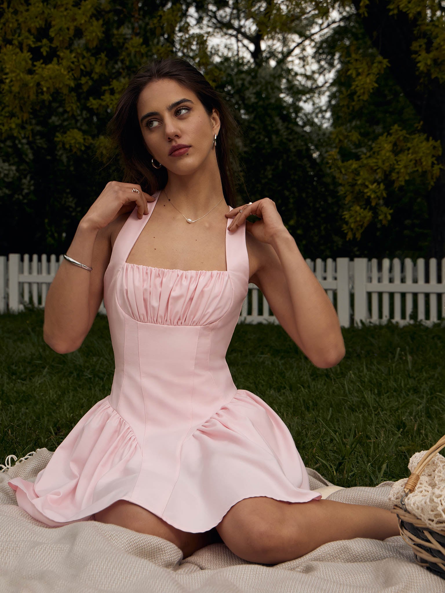 Strappy mini dress with V-shaped insert on the skirt