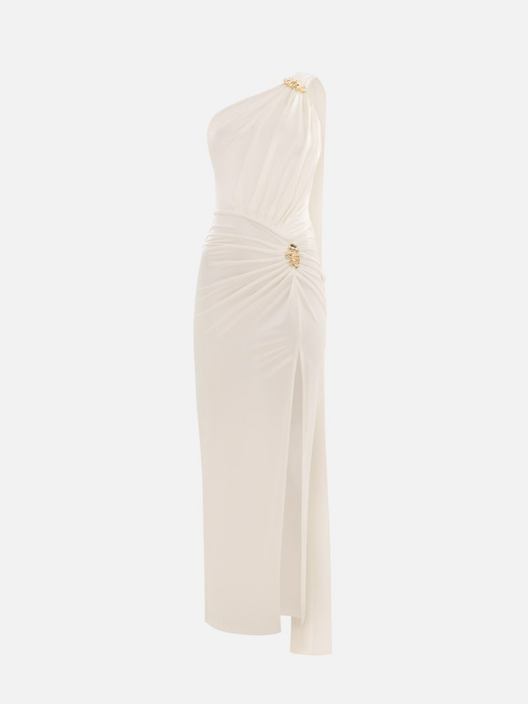 Платье макси с драпировками на плече и бедрах