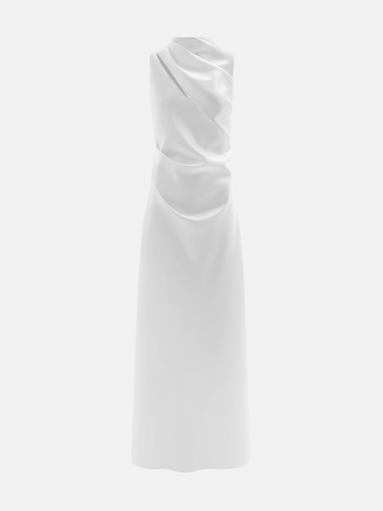 Glossy fabric maxi dress with asymmetrical draperies