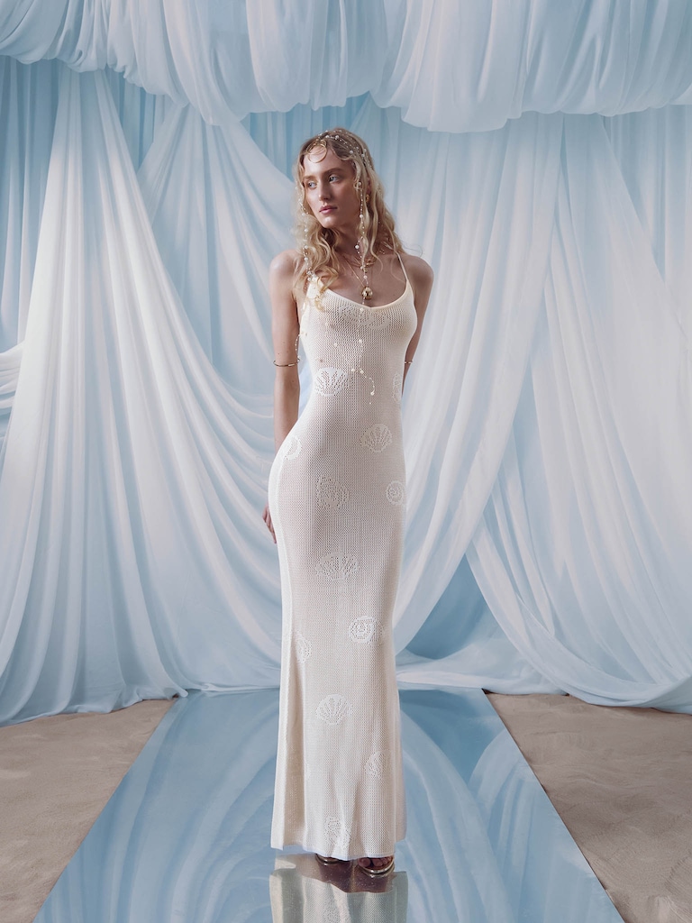 Dzianinowa sukienka maxi z morskim wzorem