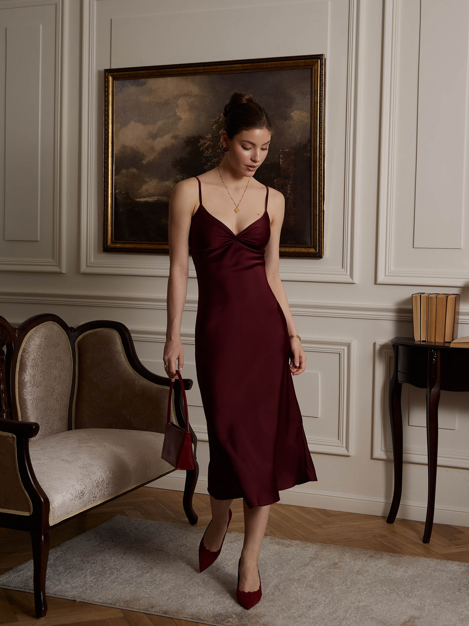 Midi slip dress with gathers on the bodice