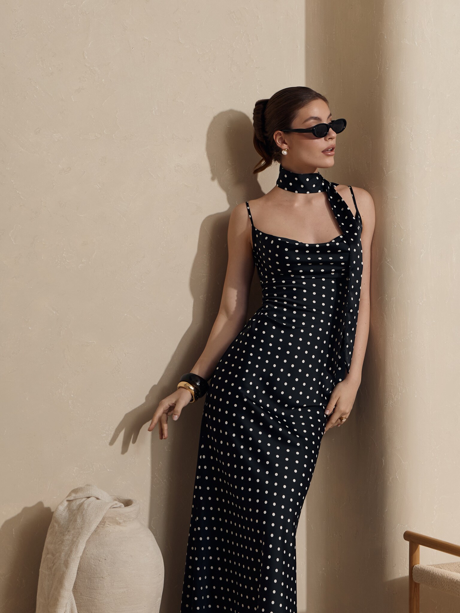 Polka dot maxi dress with ribbon scarf