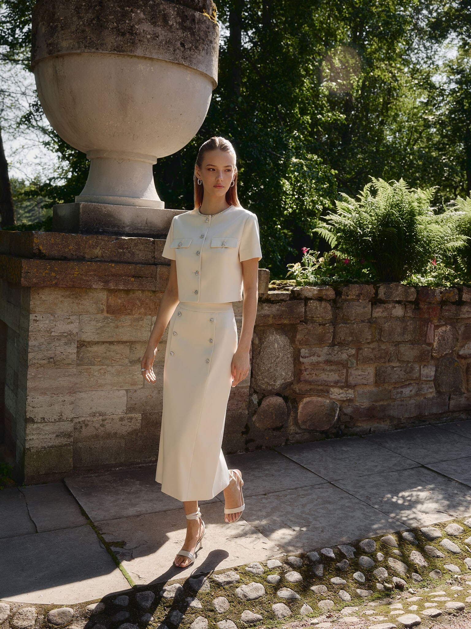 Short sleeved jacket with rhinestone buttons