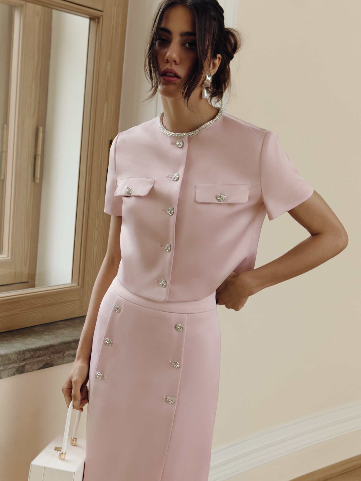 Short sleeved jacket with rhinestone buttons