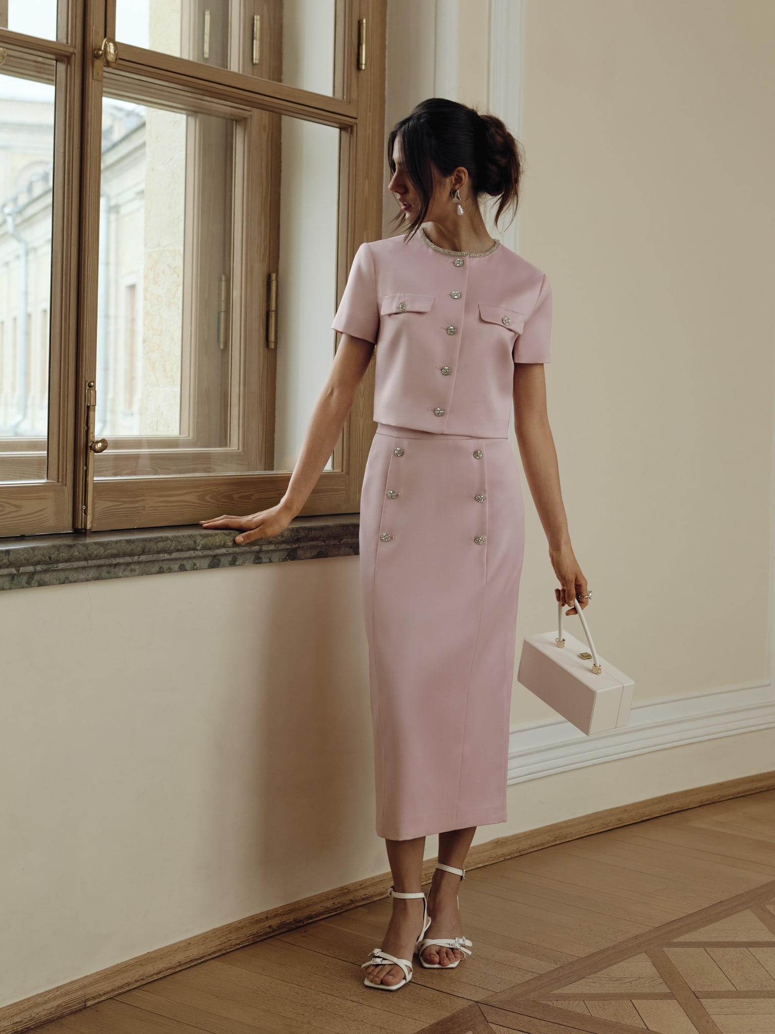 Short sleeved jacket with rhinestone buttons