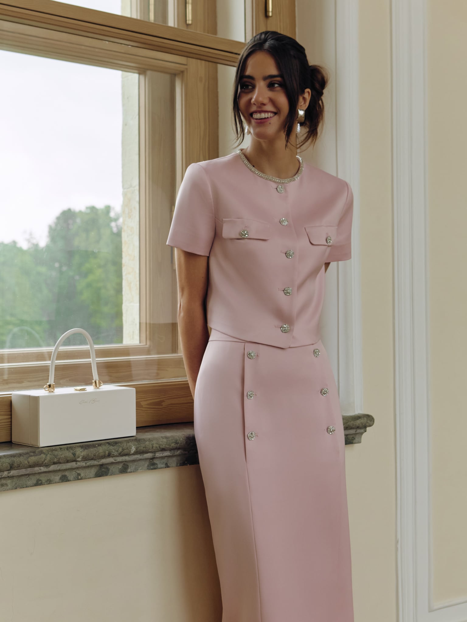 Short sleeved jacket with rhinestone buttons