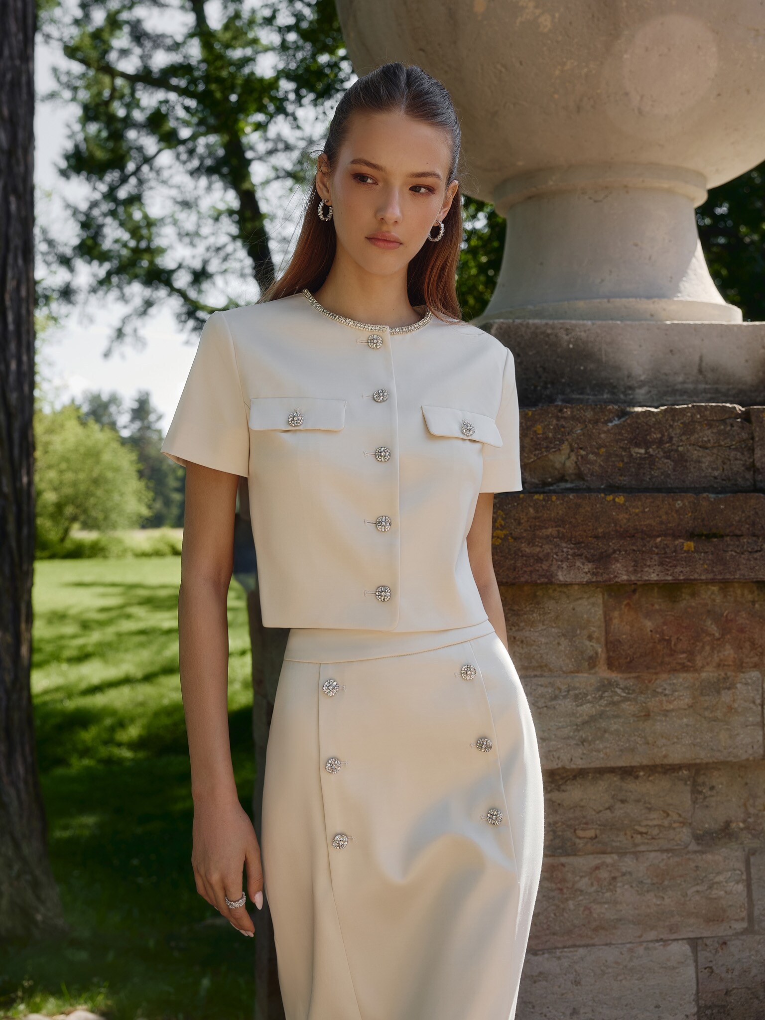 Straight midi skirt with rhinestone buttons