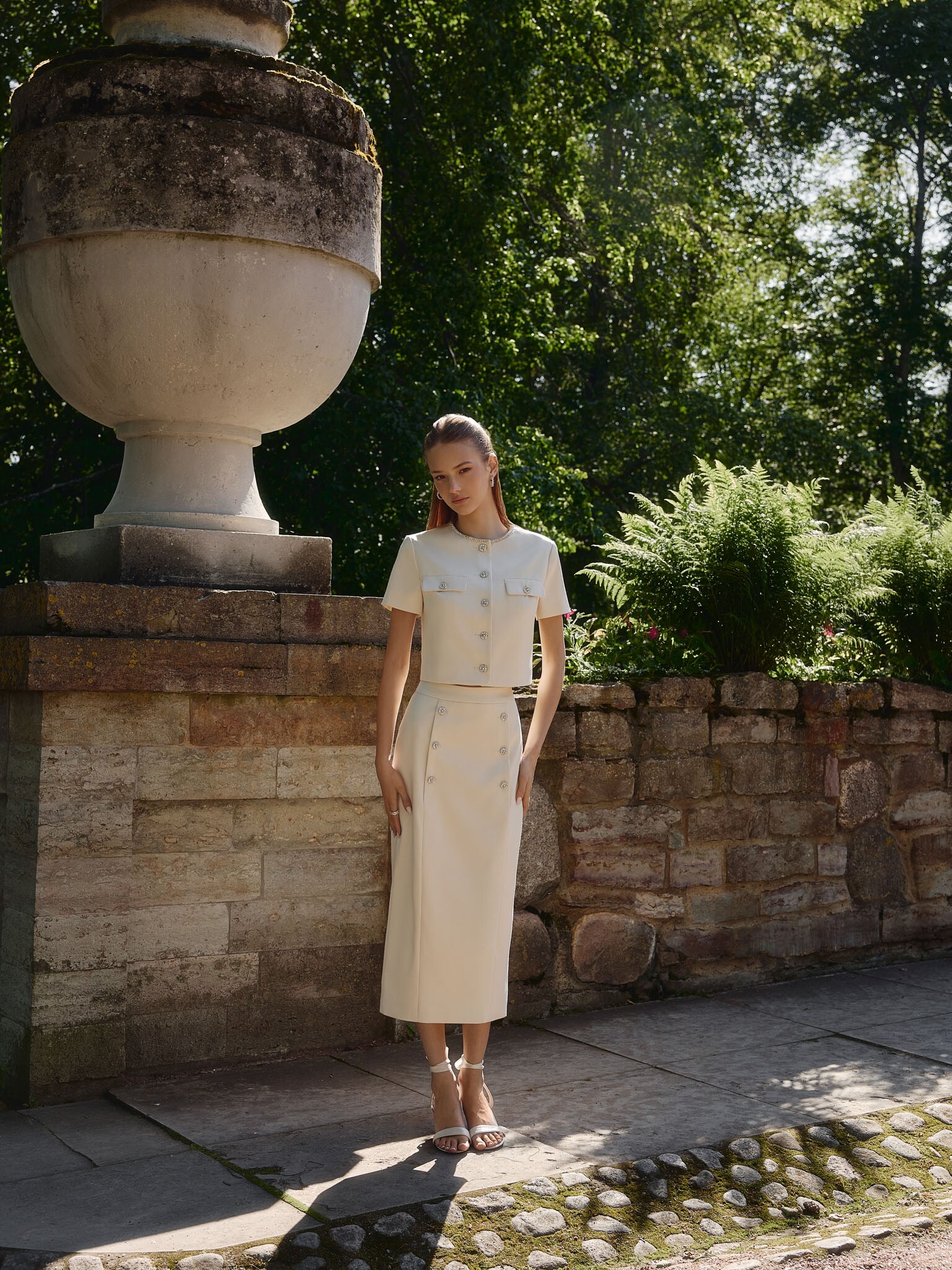 Straight midi skirt with rhinestone buttons