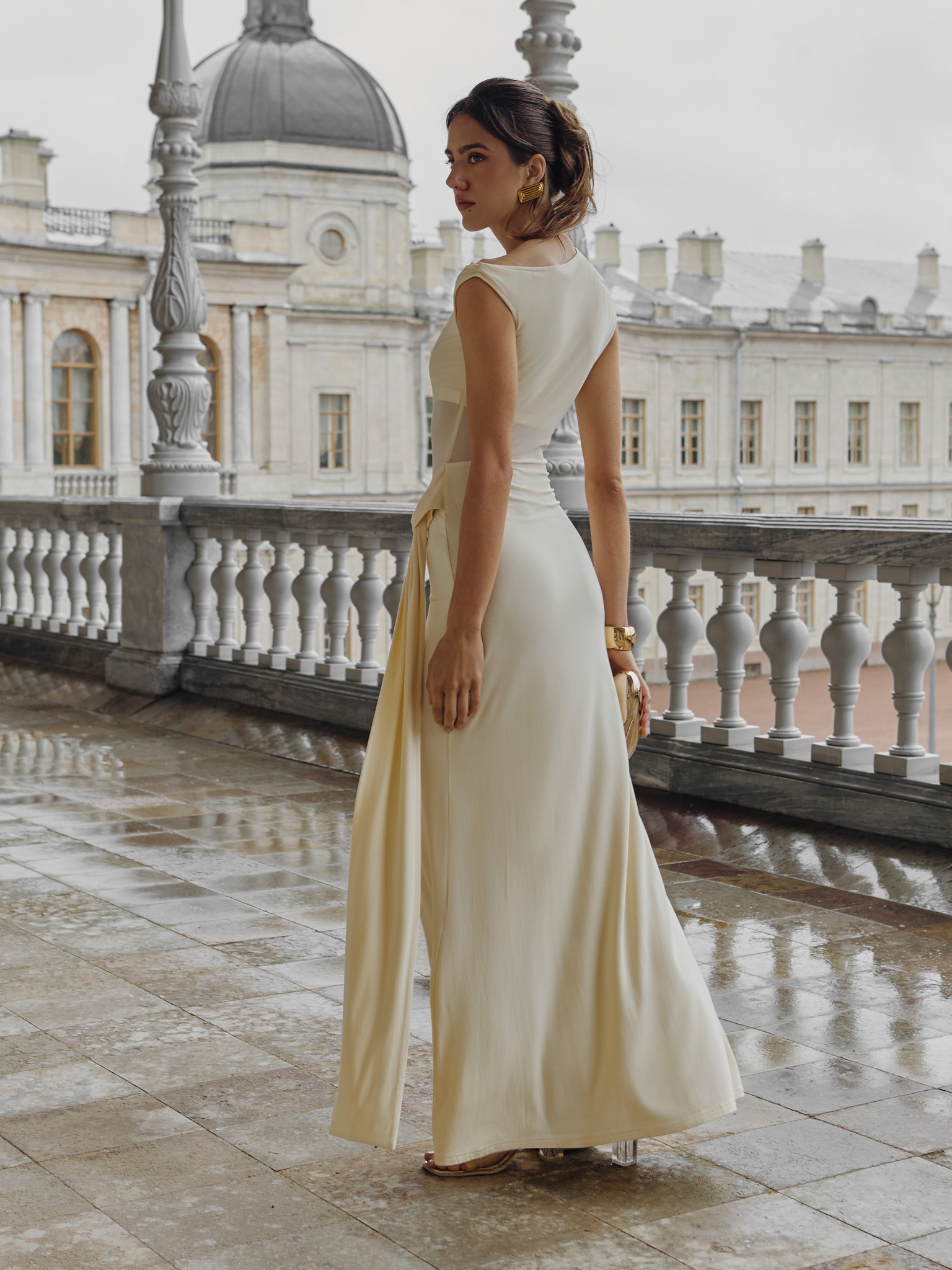 Jersey maxi dress with asymmetrical bodice and draped hips