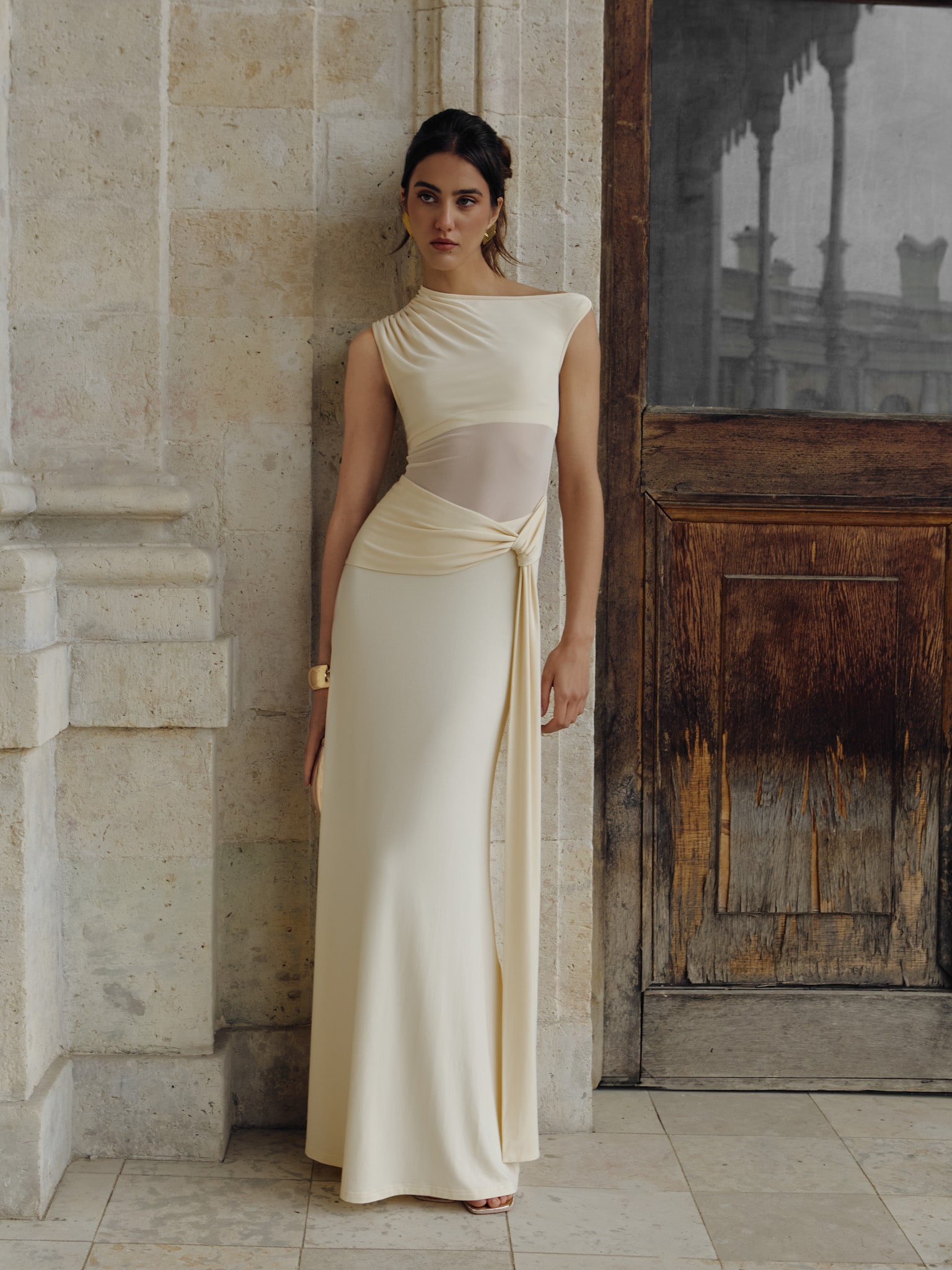 Jersey maxi dress with asymmetrical bodice and draped hips