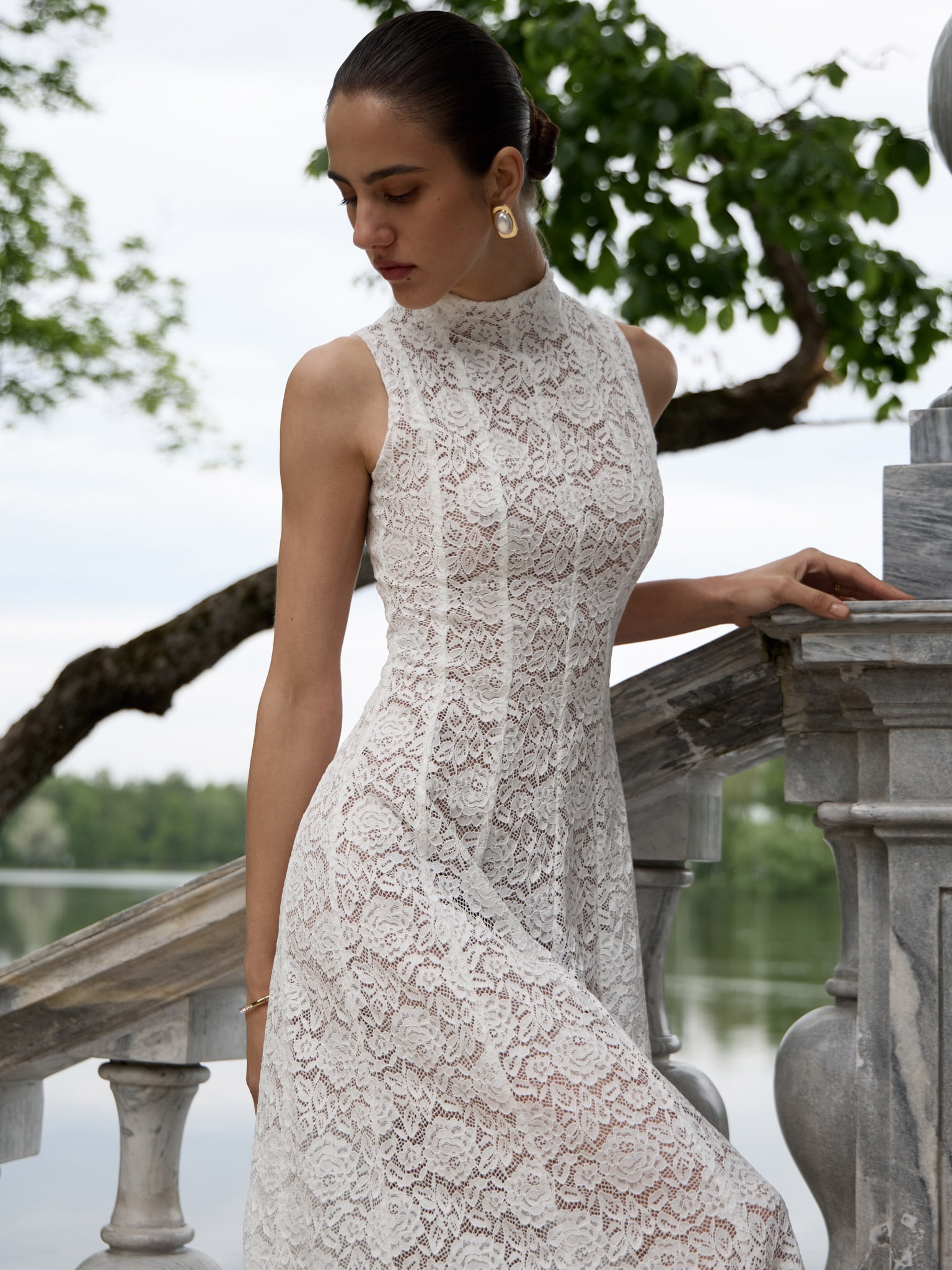 Guipure midi dress with high collar