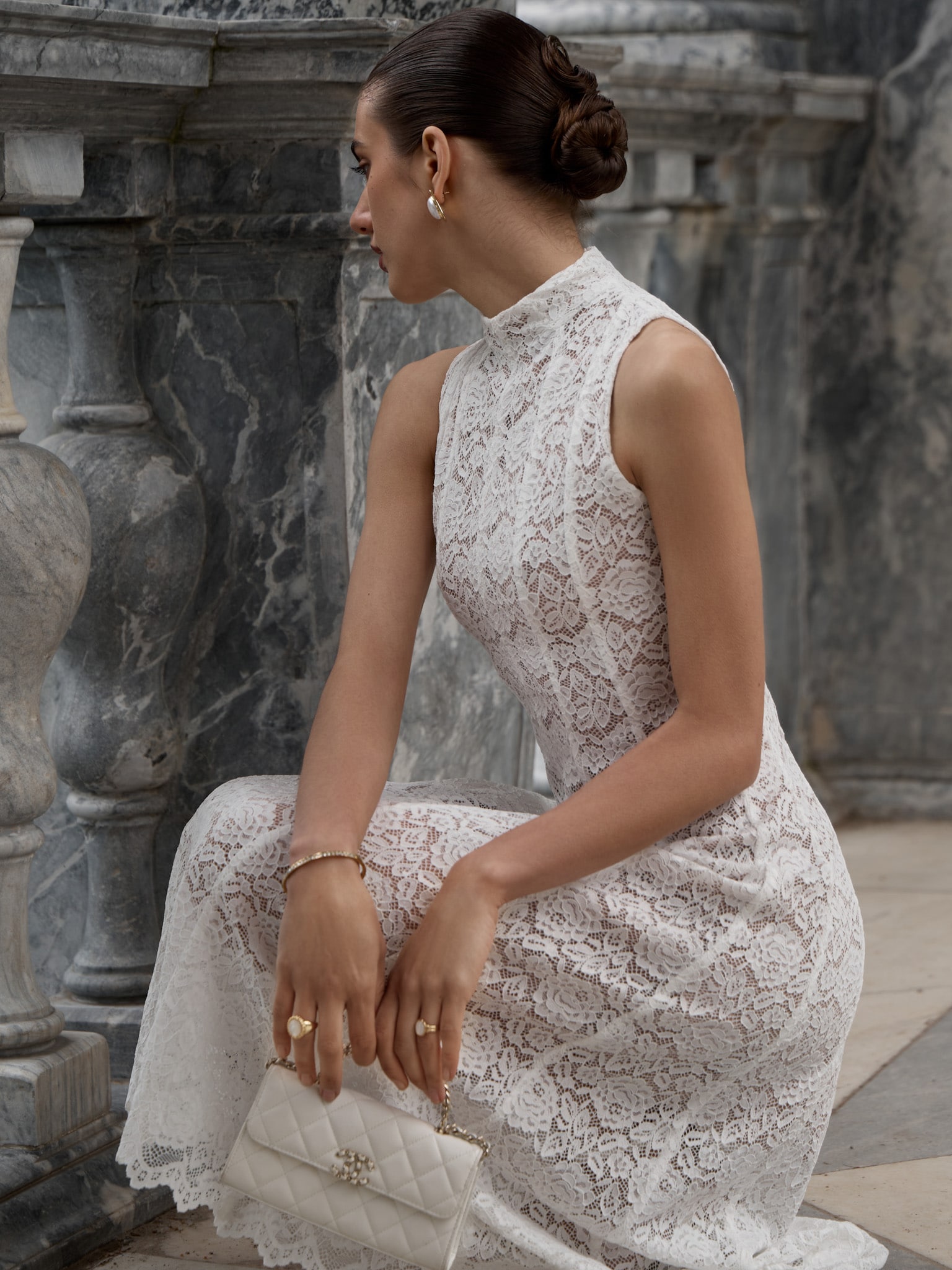 Guipure midi dress with high collar