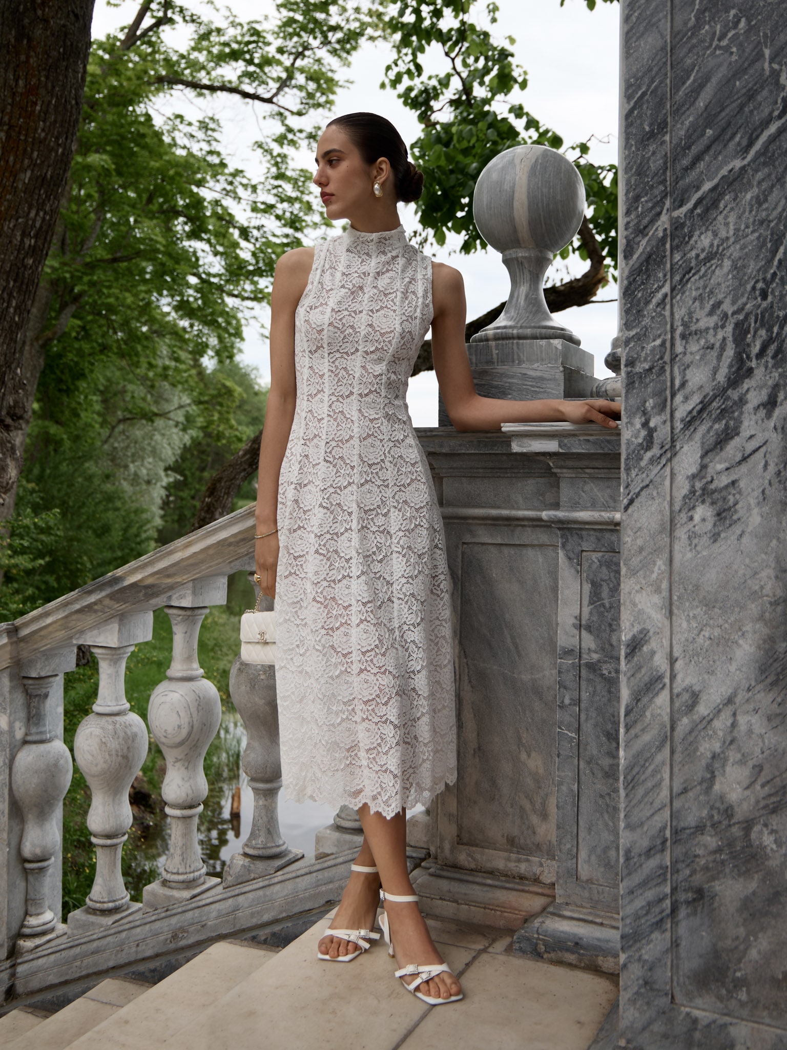 Guipure midi dress with high collar