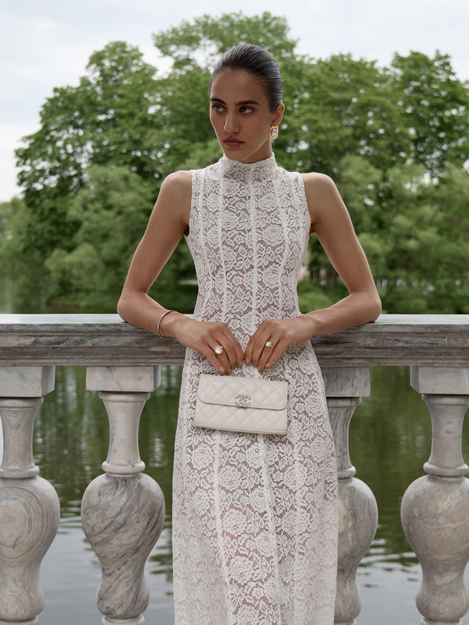 Guipure midi dress with high collar