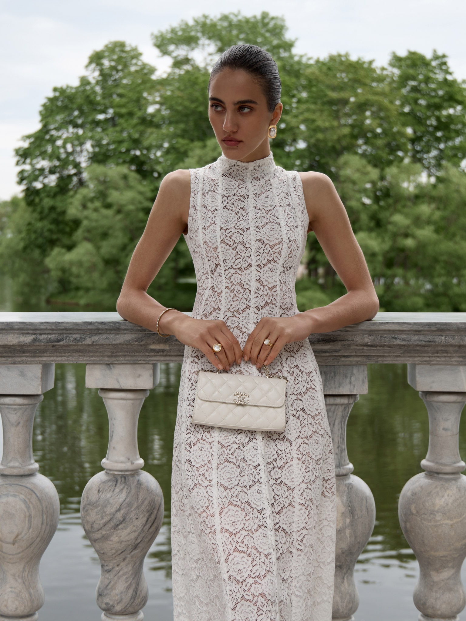 Guipure midi dress with high collar