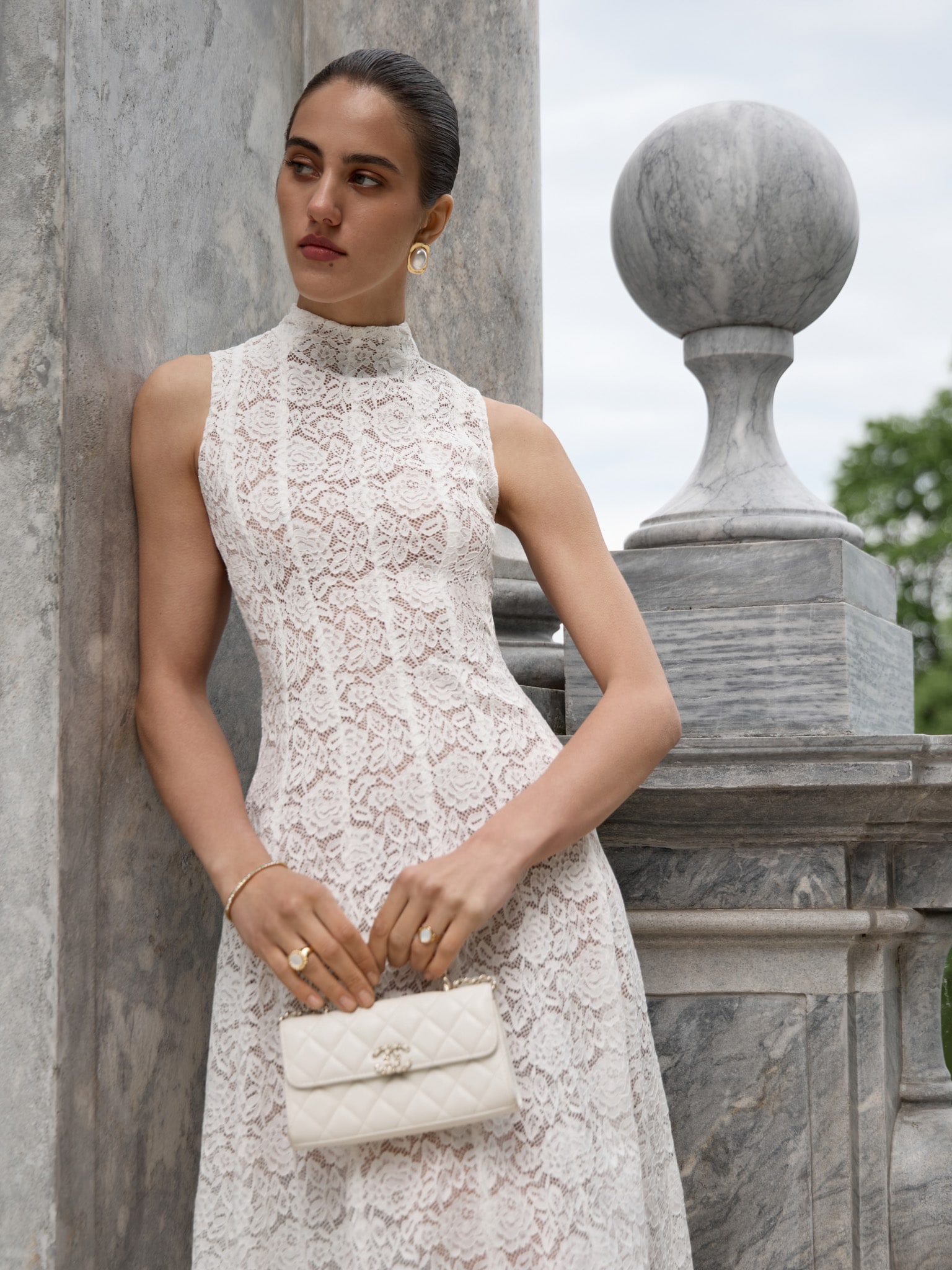 Guipure midi dress with high collar