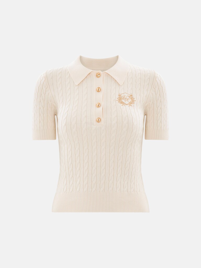Трикотажное поло вязки косами с вышивкой на груди