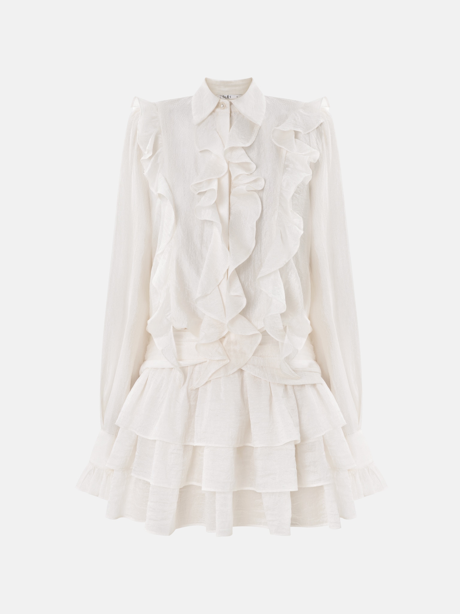 Textured fabric mini dress with ruffles on the bodice