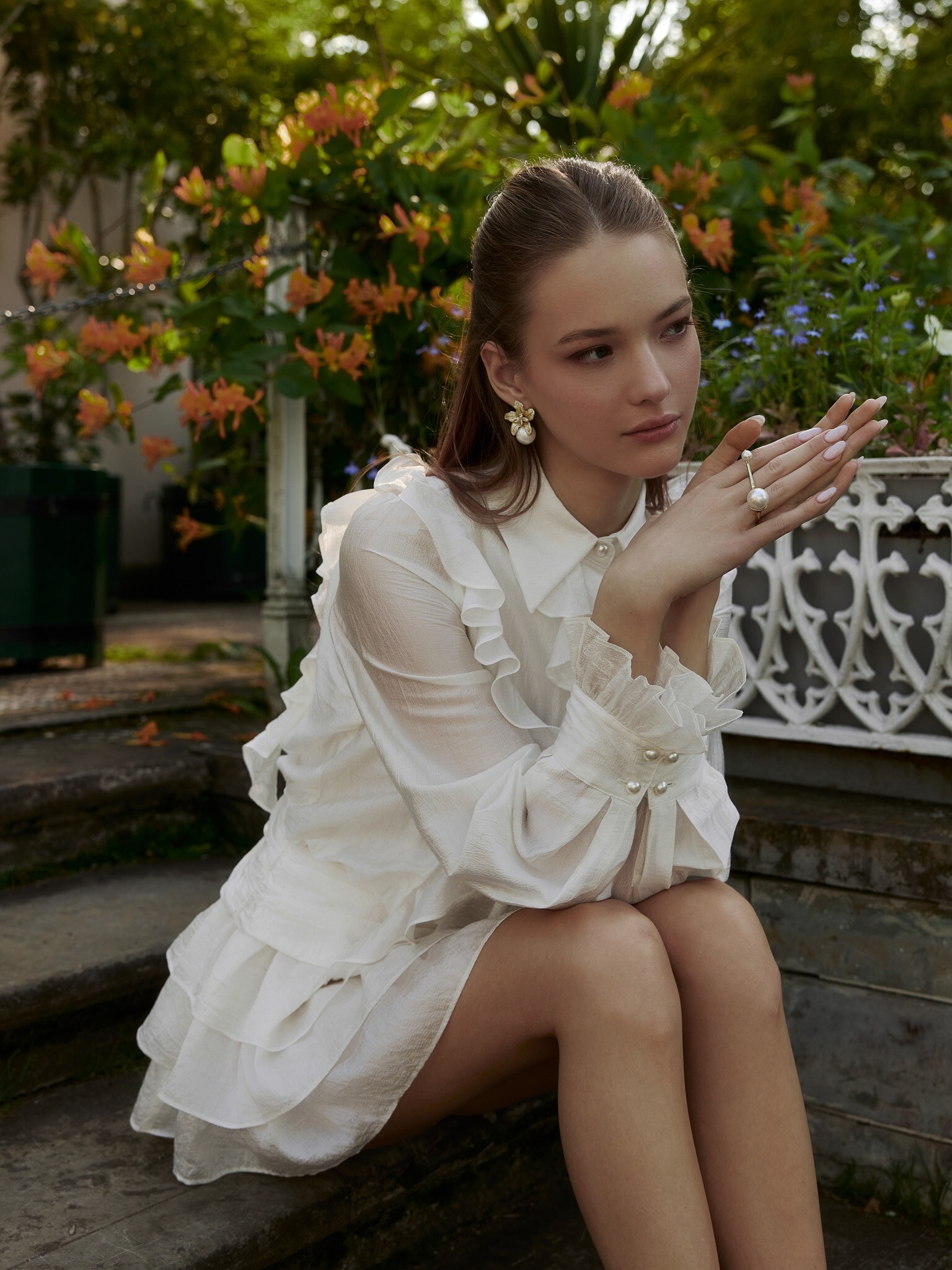 Textured fabric mini dress with ruffles on the bodice