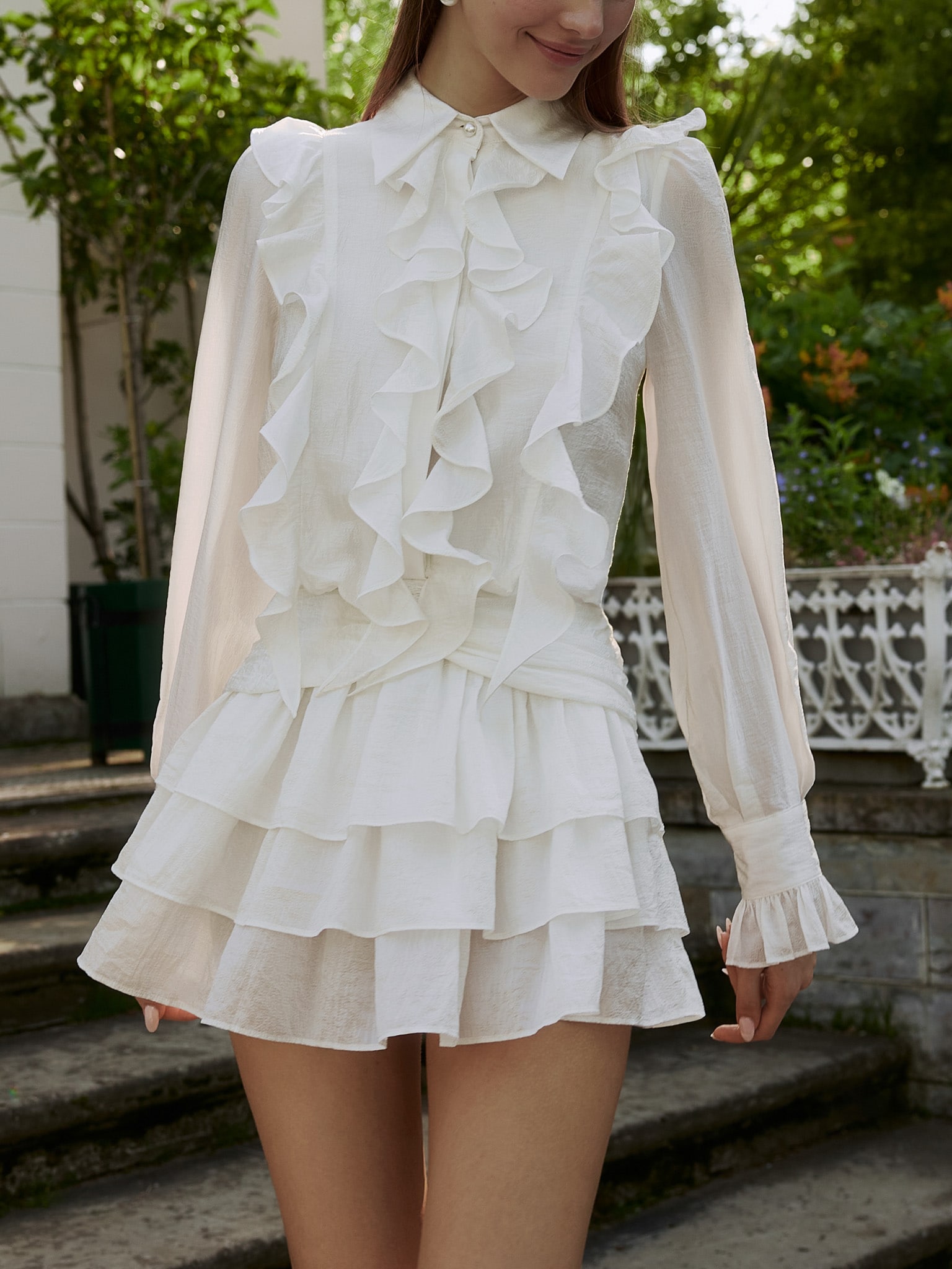 Textured fabric mini dress with ruffles on the bodice