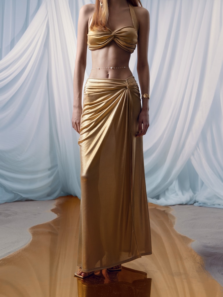 Spódnica maxi z metalizowanej dzianiny