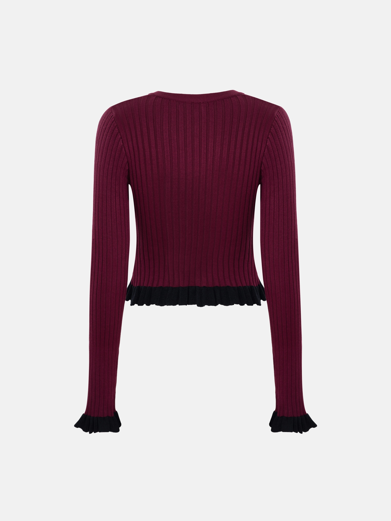 Rib-knit cardigan with contrasting ruffles