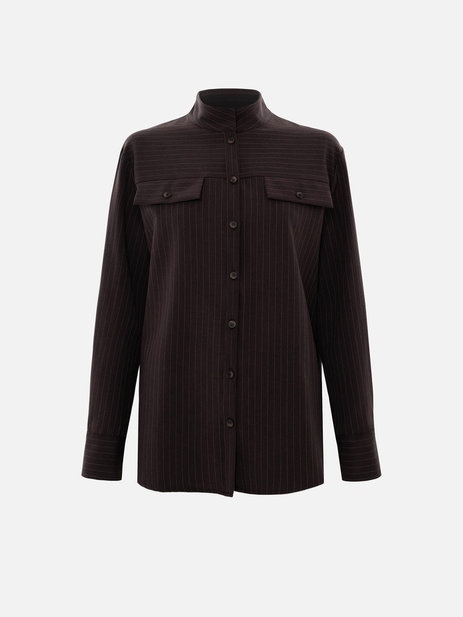 Pinstripe shirt with stand-up collar