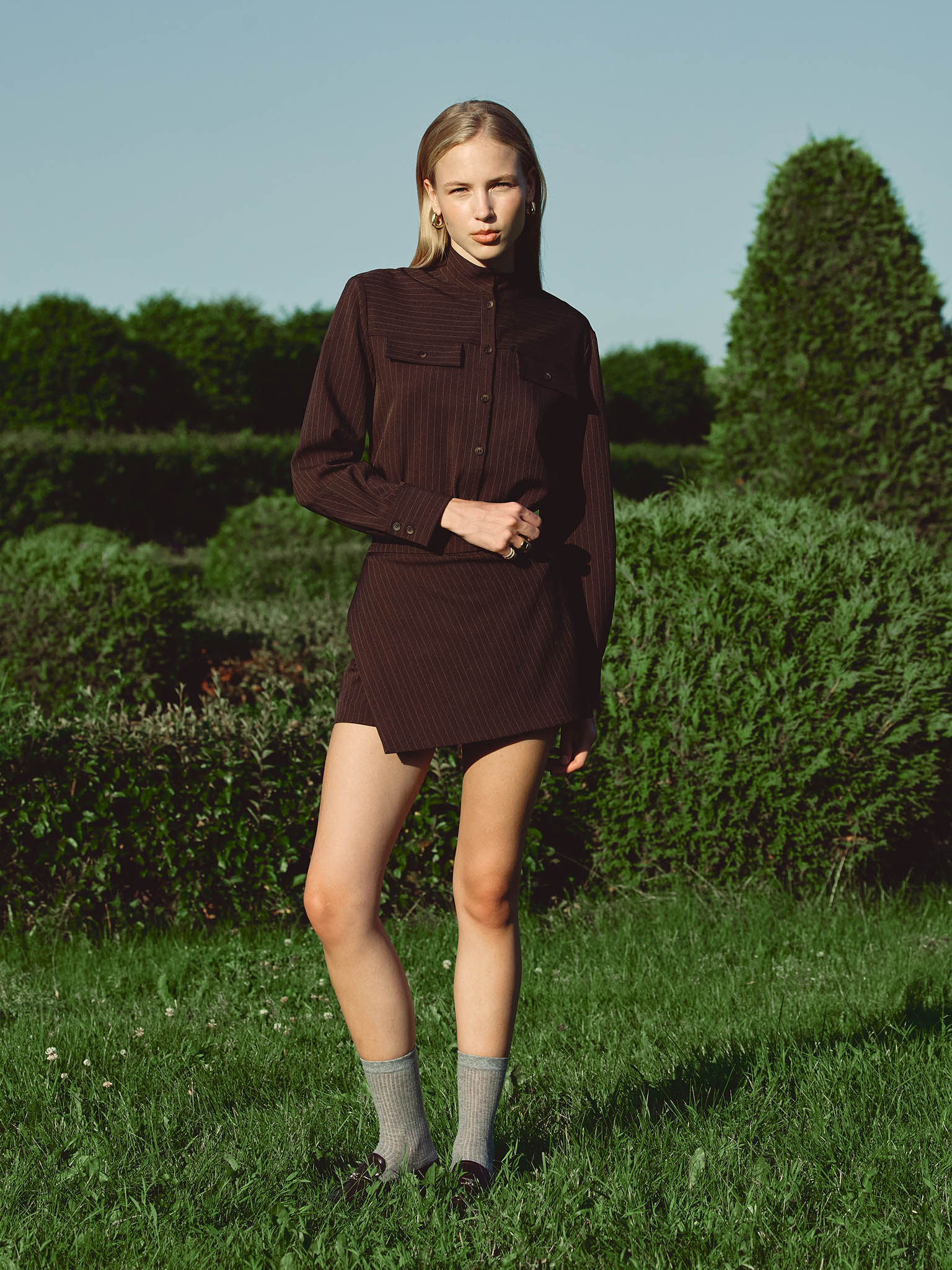 Pinstripe shirt with stand-up collar