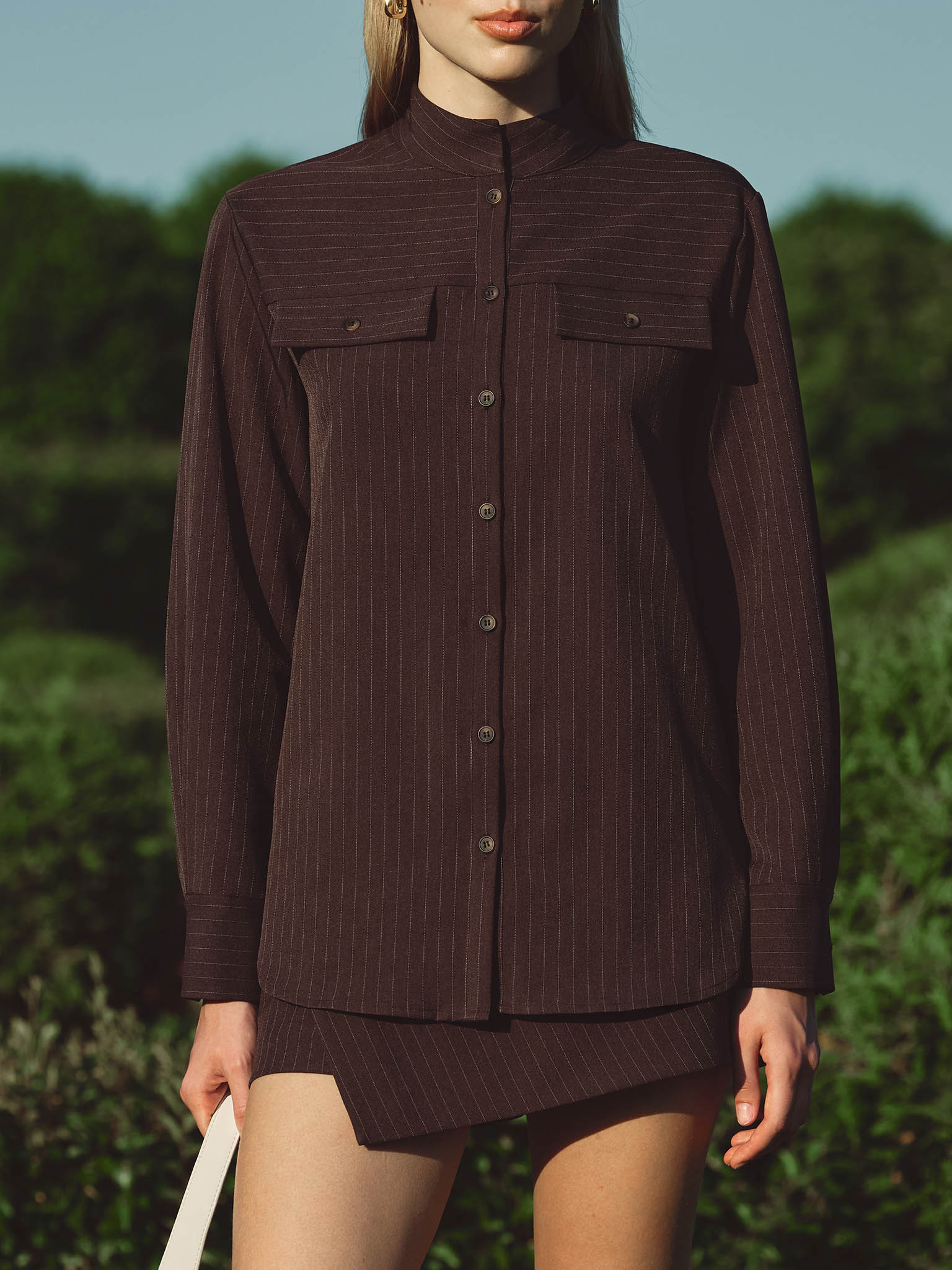 Pinstripe shirt with stand-up collar