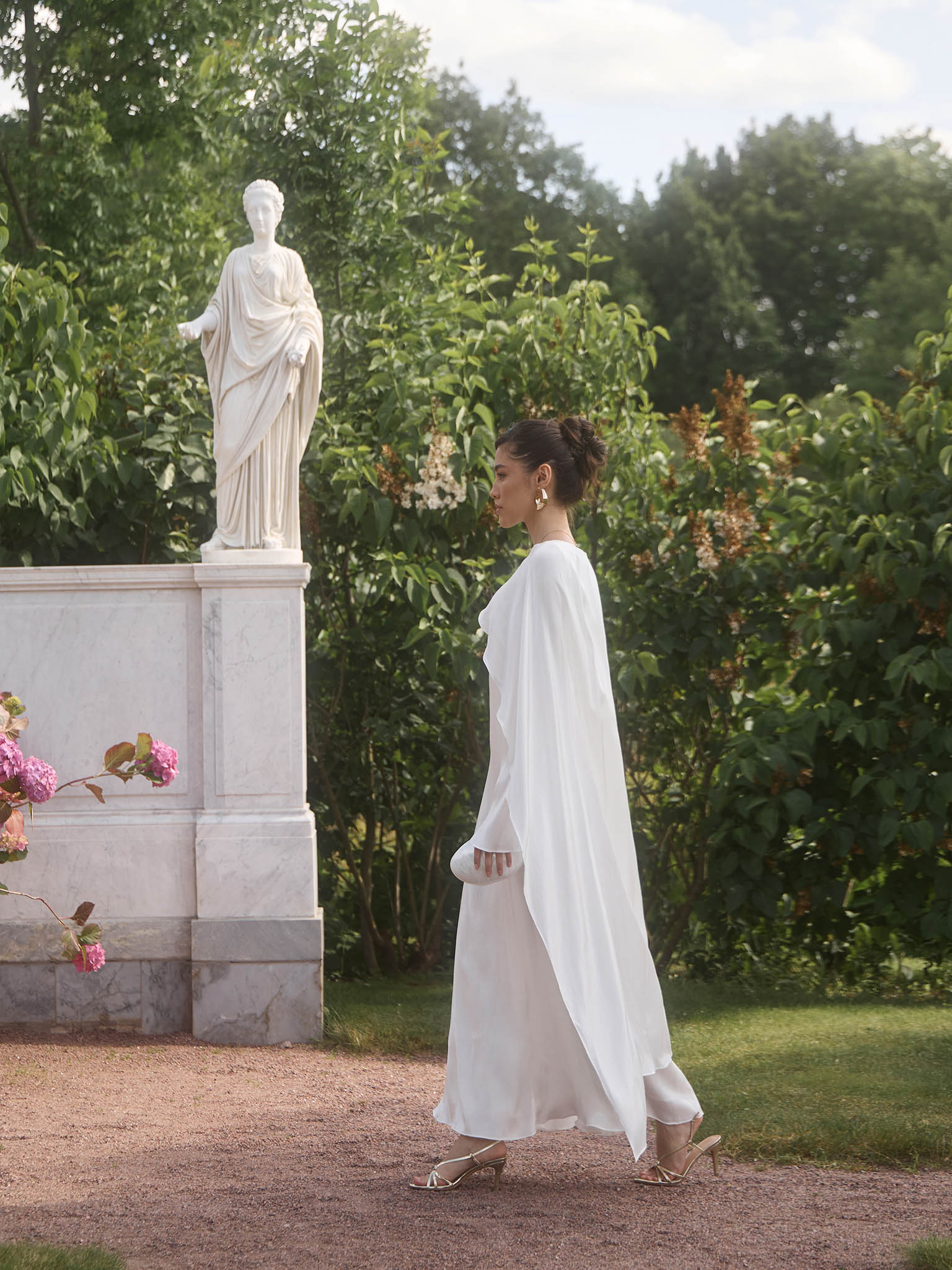 Textured maxi dress with one shoulder cape