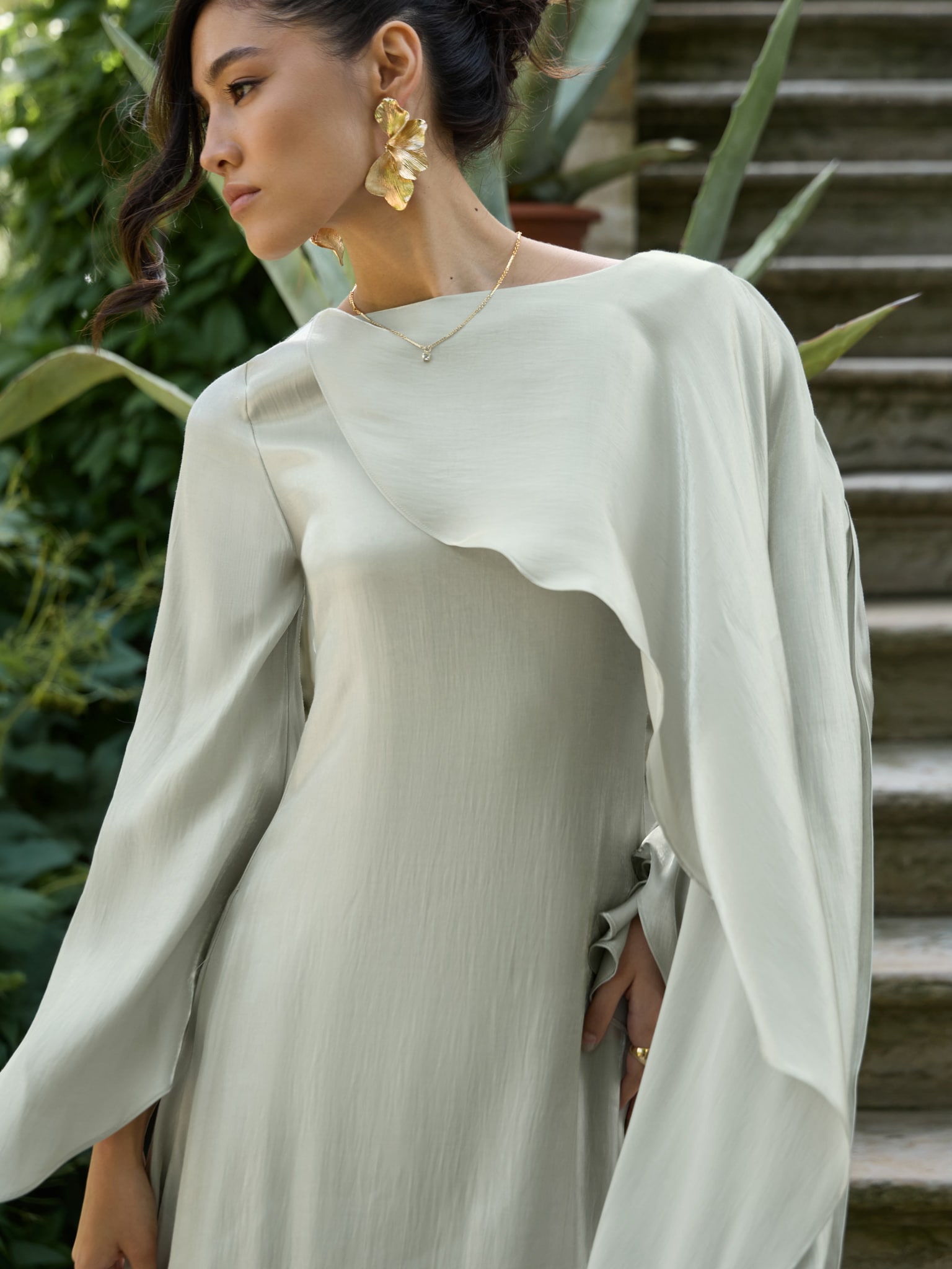Textured maxi dress with one shoulder cape