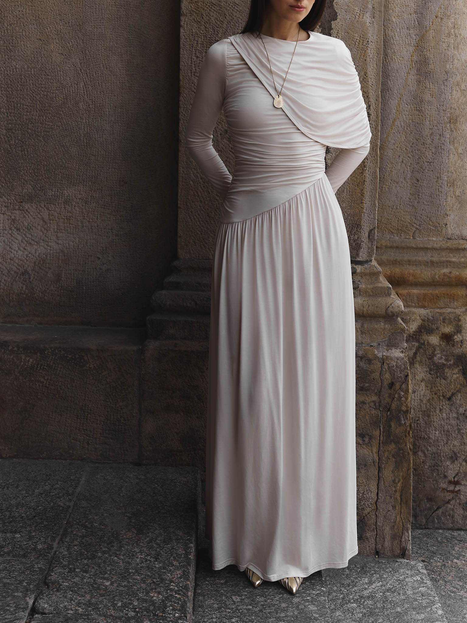 One shoulder draped jersey maxi dress