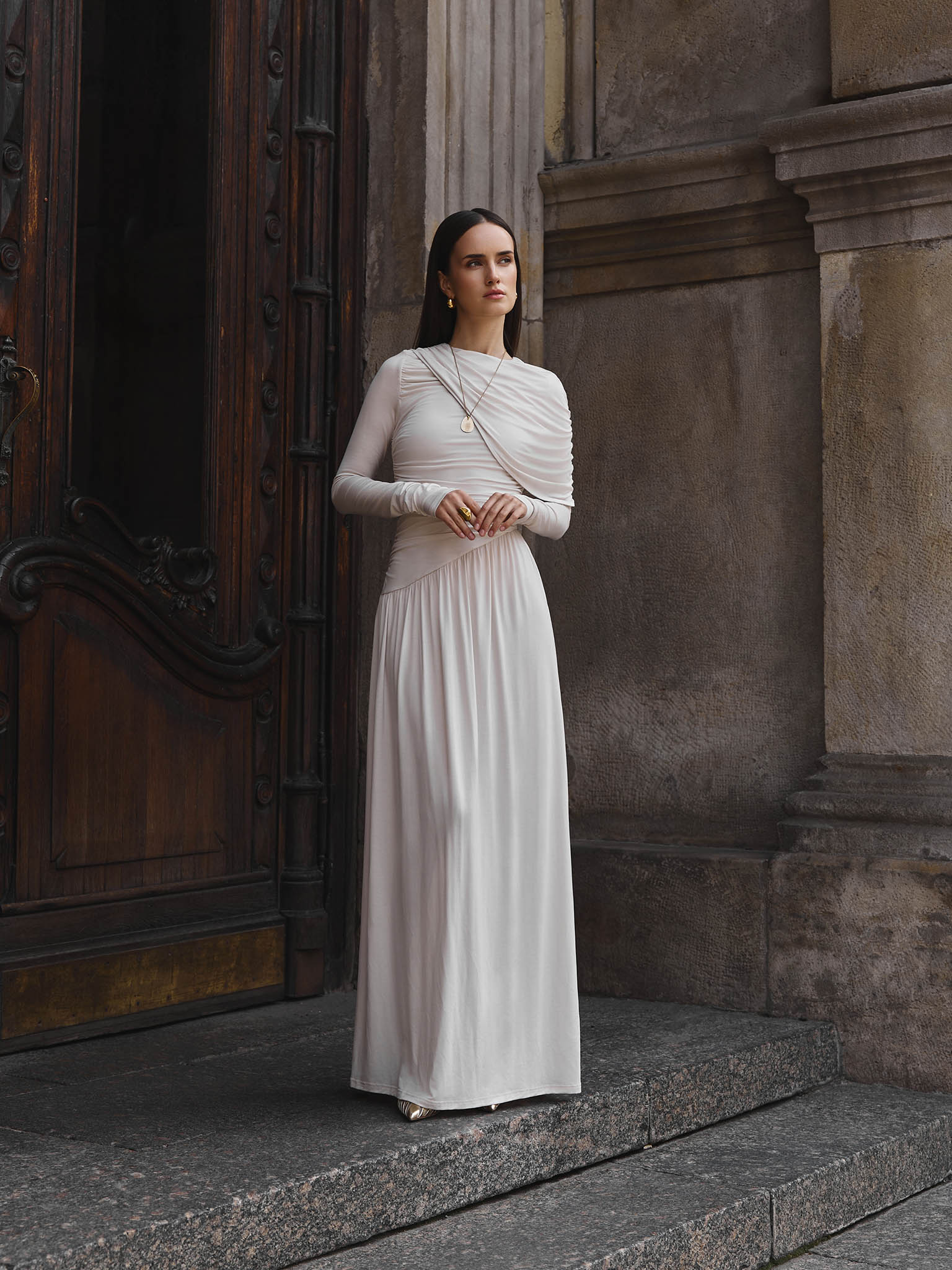 One shoulder draped jersey maxi dress